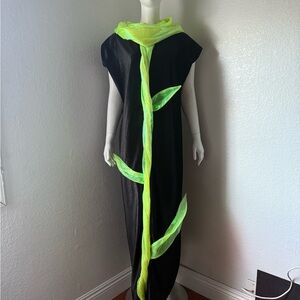 Black Dress with Neon Green Leaf Design